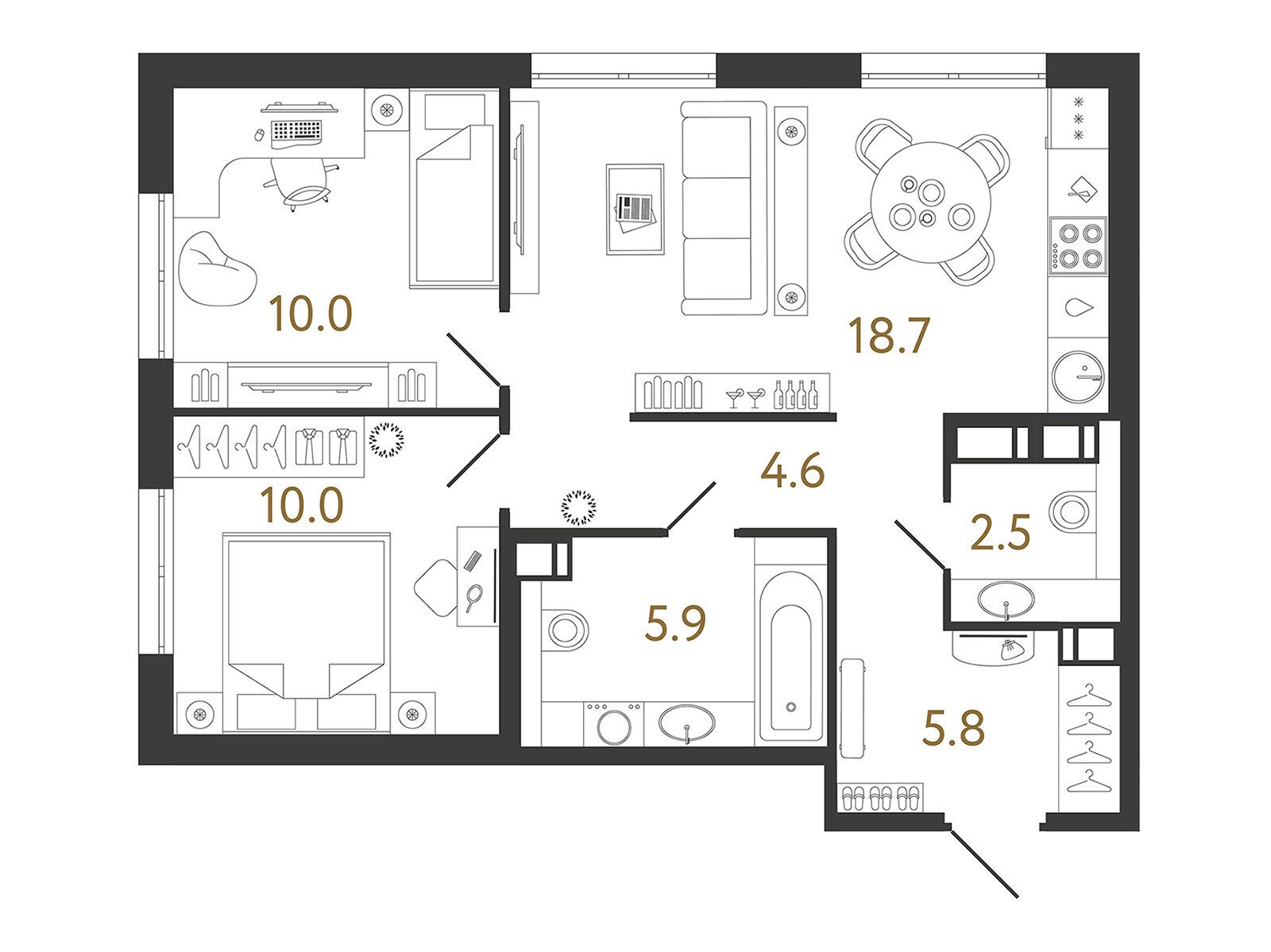 Планировка: 2-комн. квартира 57.50 м² в новостройке Струны