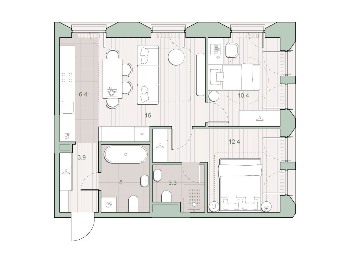 Планировка: 2-комн. квартира 57.40 м² в новостройке ЖК Среда на Лобачевского