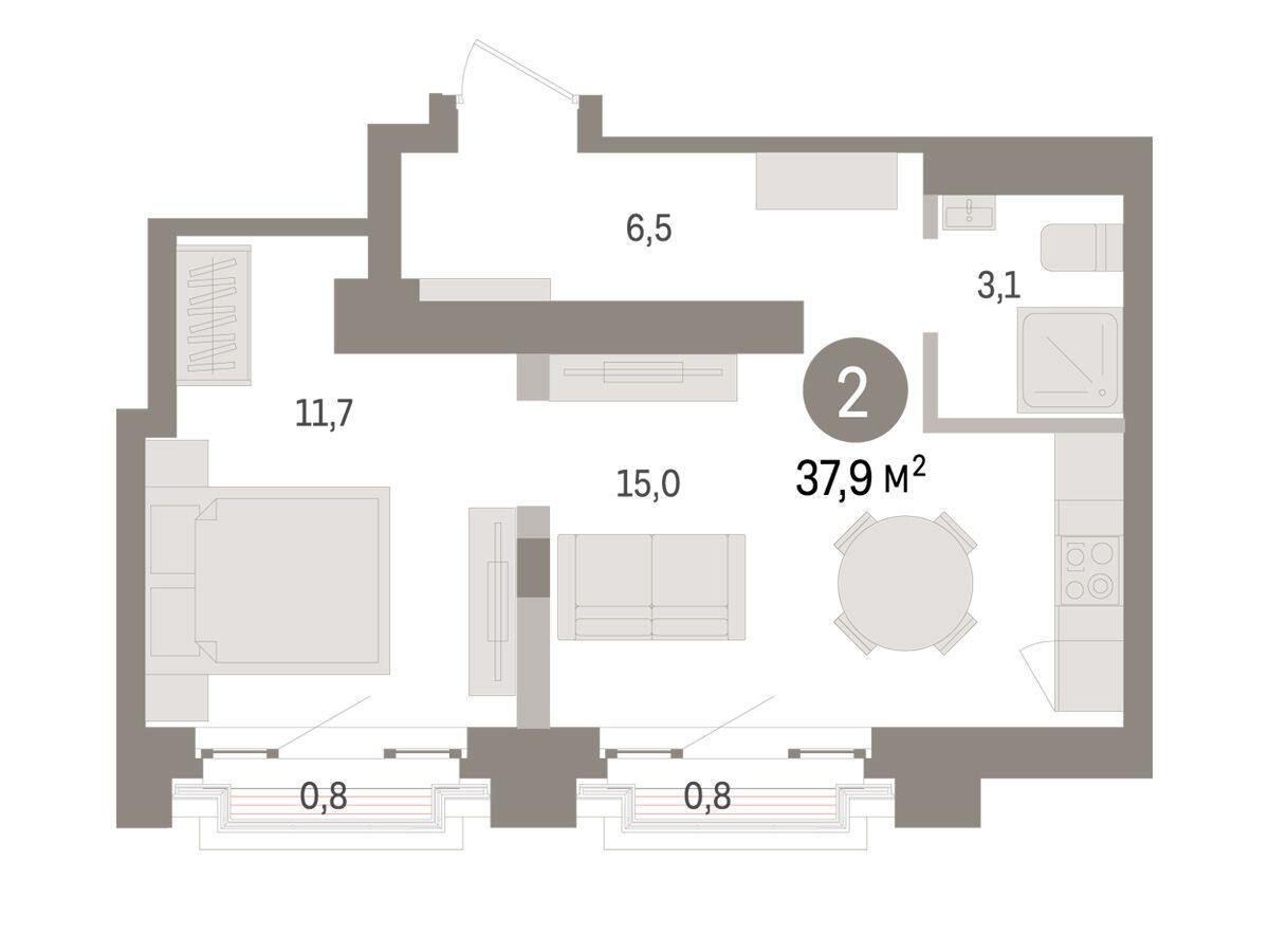 Планировка: 2-комн. квартира 37.90 м² в новостройке Метроном