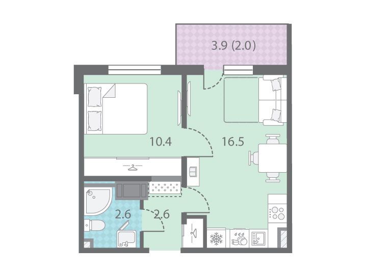 Планировка: 1-комн. квартира 34.10 м² в новостройке Цветной город