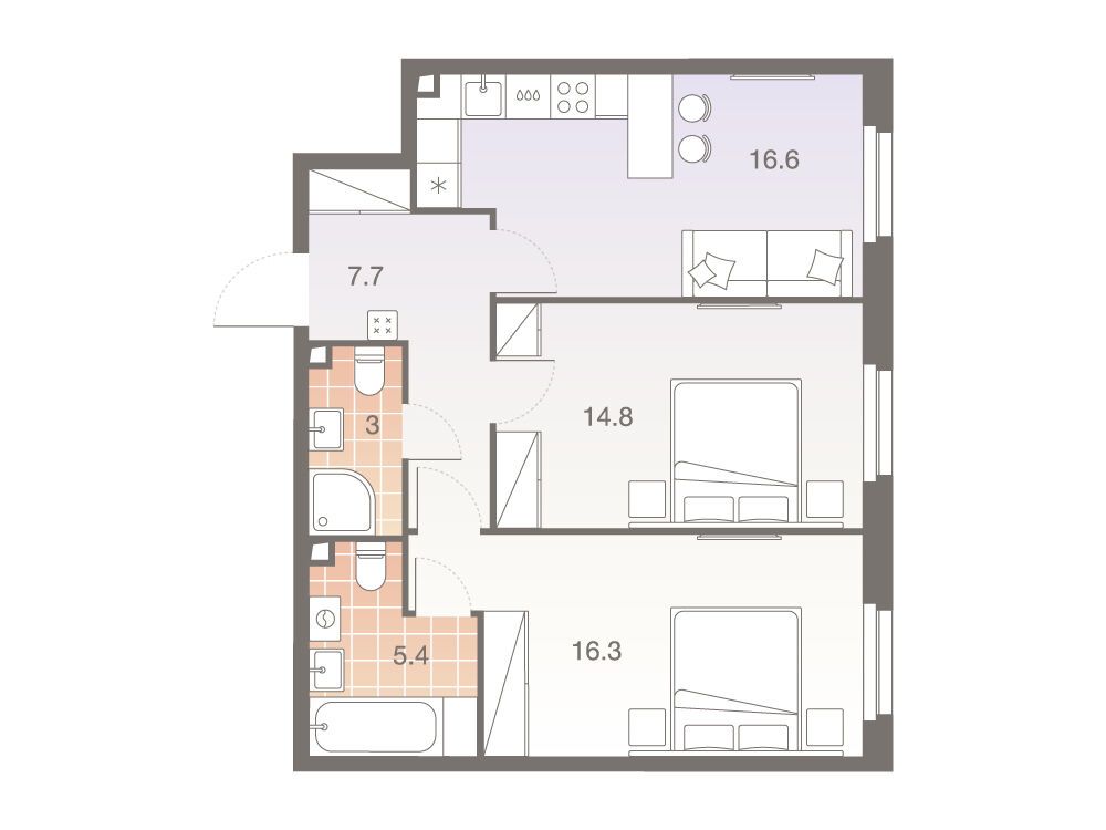 Планировка: 2-комн. квартира 63.80 м² в новостройке Твелв