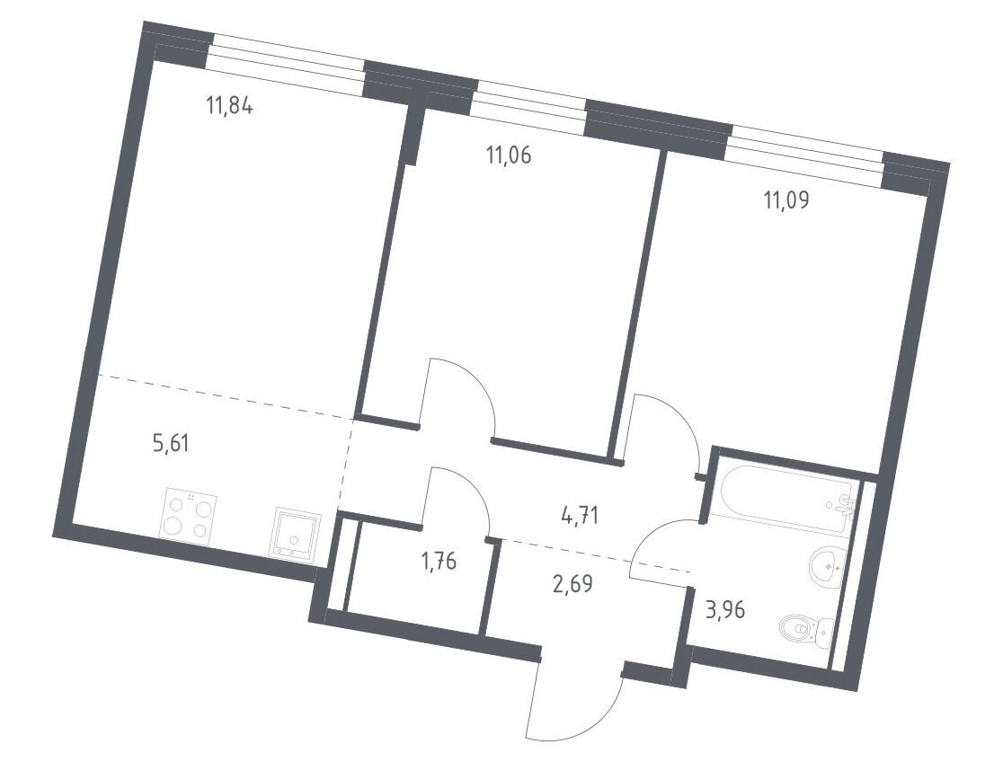Планировка: 2-комн. квартира 52.72 м² в новостройке ЖК Квартал Западный