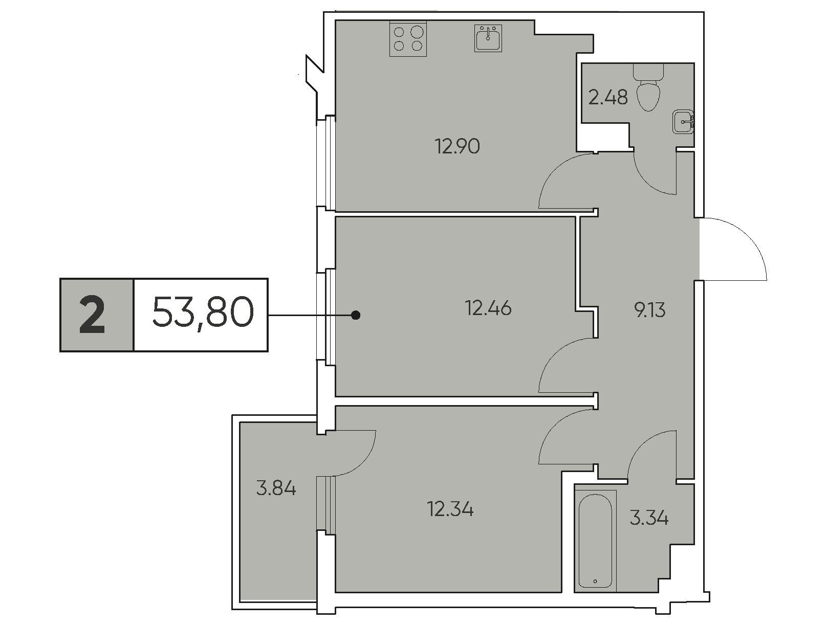 Планировка: 2-комн. квартира 53.80 м² в новостройке Тесоро
