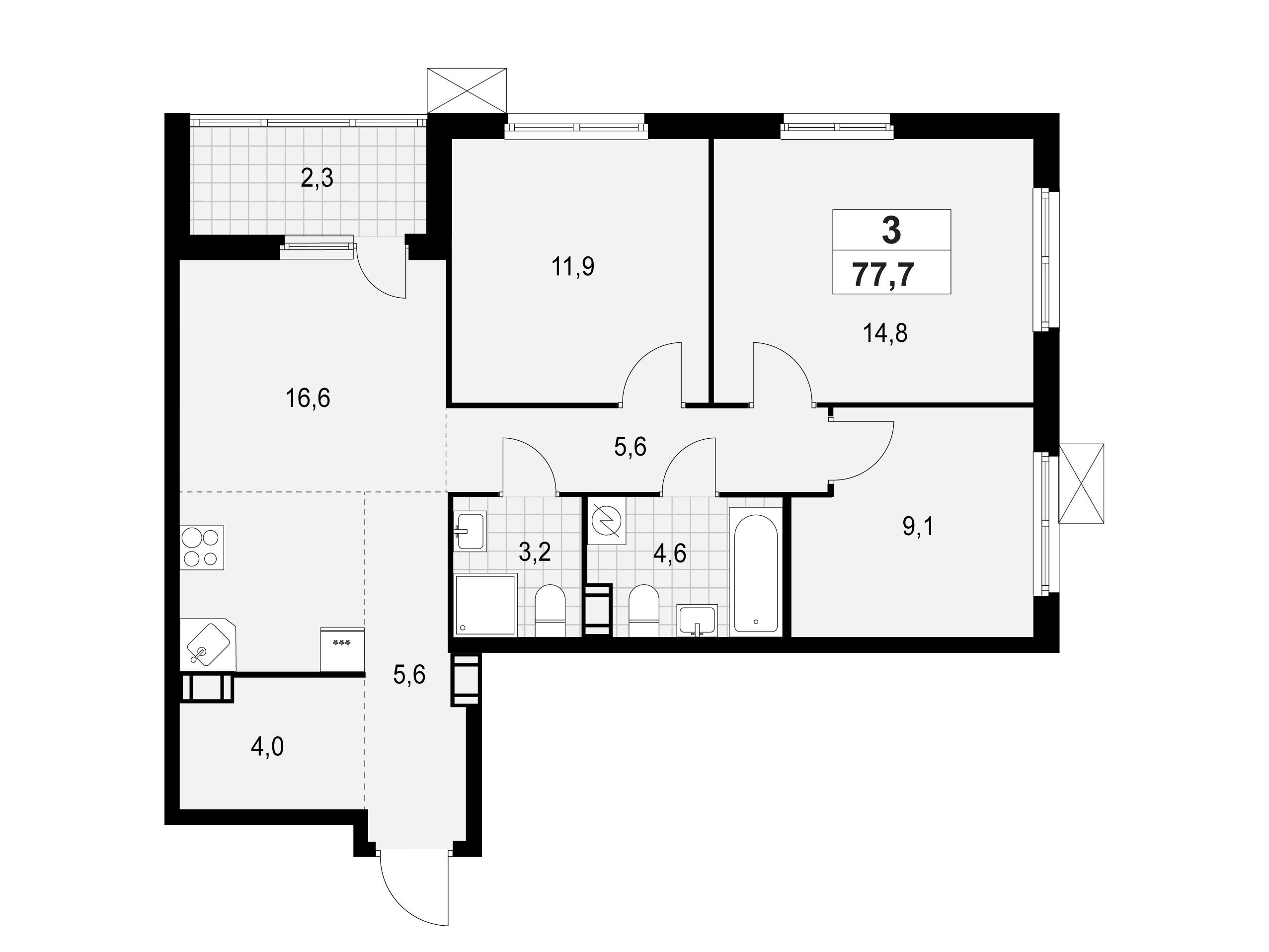 Планировка: 3-комн. квартира 77.70 м² в новостройке А101 Лаголово