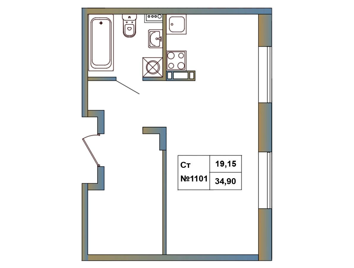 Планировка: Студия 34.90 м² в новостройке Атмосфера Выборга