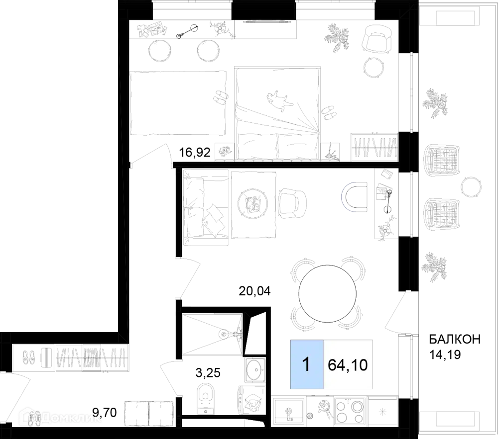Планировка: 1-комн. квартира 64.10 м² в новостройке Корсаков