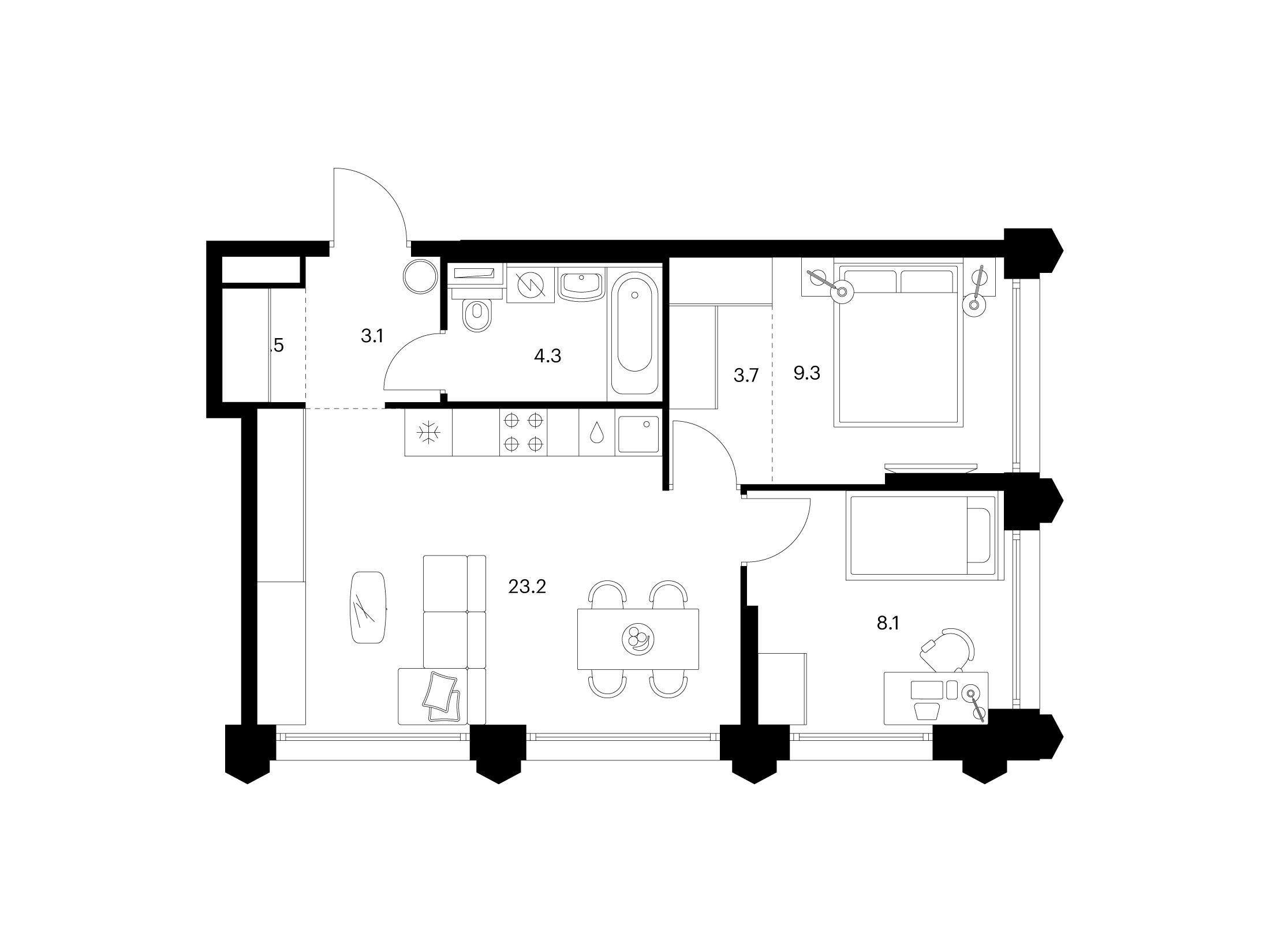 Планировка: 2-комн. квартира 53.20 м² в новостройке Бусиновский парк