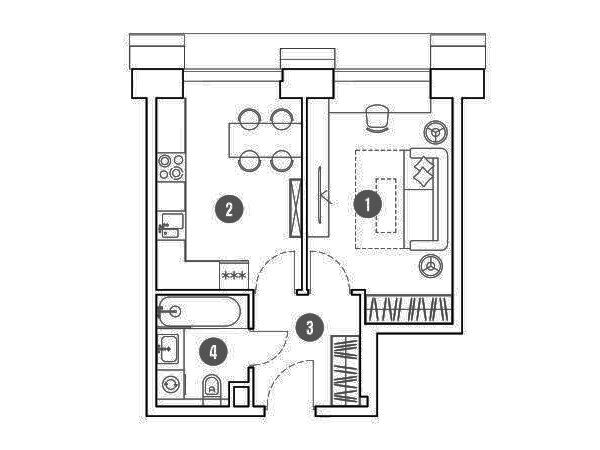 Планировка: 1-комн. квартира 35.70 м² в новостройке Мираполис