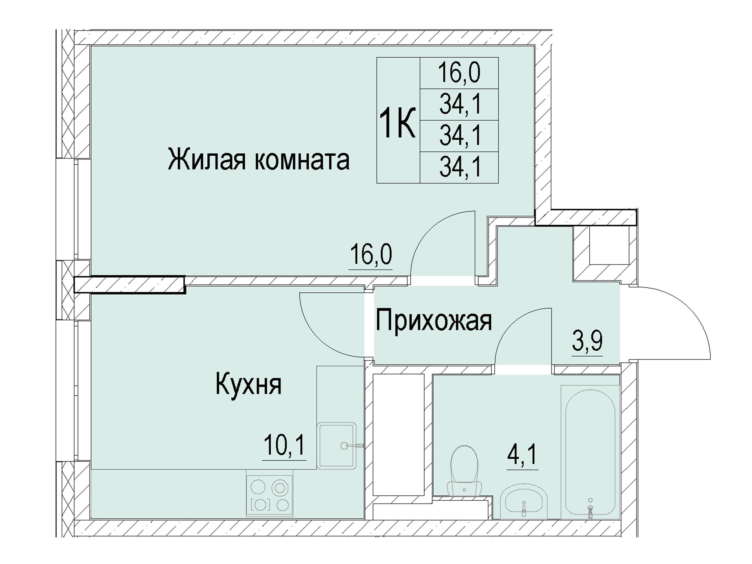 Планировка: 1-комн. квартира 34.10 м² в новостройке Отрадный