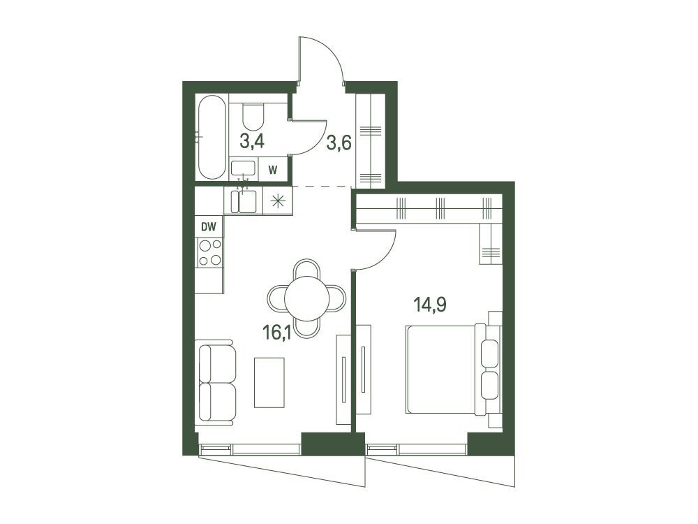 Планировка: 1-комн. квартира 38.00 м² в новостройке Моментс