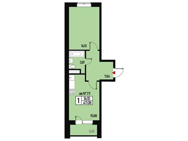 Планировка: 1-комн. квартира 43.00 м² в новостройке Борисоглебское