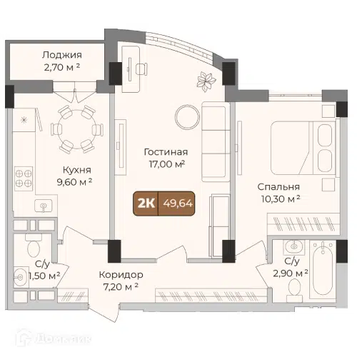 Планировка: 2-комн. квартира 49.64 м² в новостройке Опера