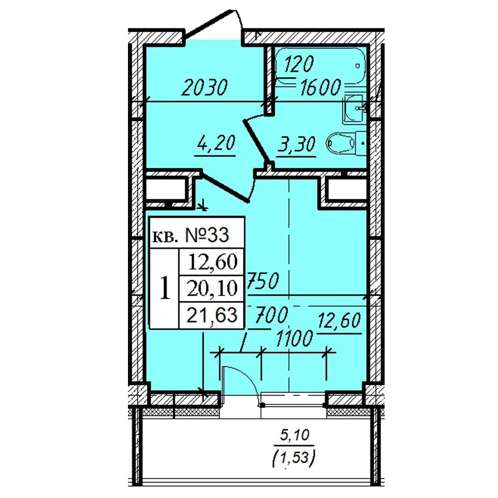 Планировка: 1-комн. квартира 21.63 м² в новостройке Дом на 6-й Линии