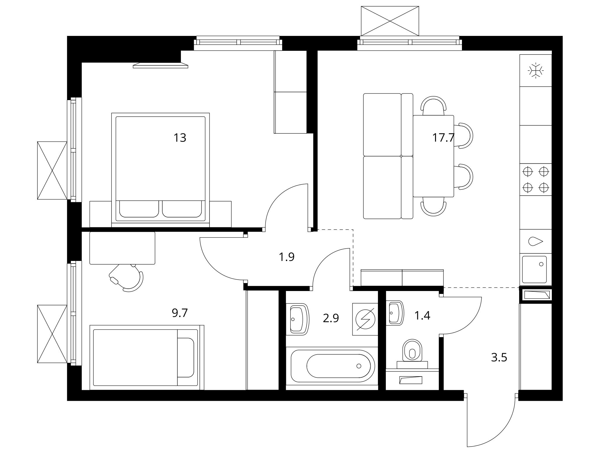 Планировка: 2-комн. квартира 50.10 м² в новостройке ЖК Юнино