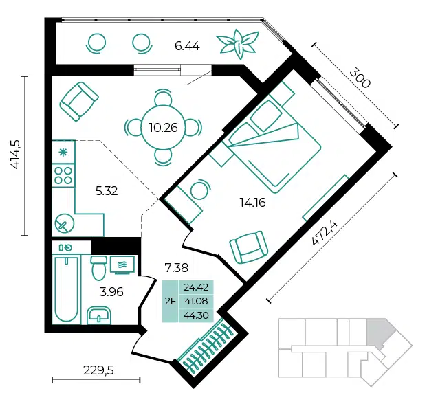 Планировка: 2-комн. квартира 44.30 м² в новостройке Курортный Регион