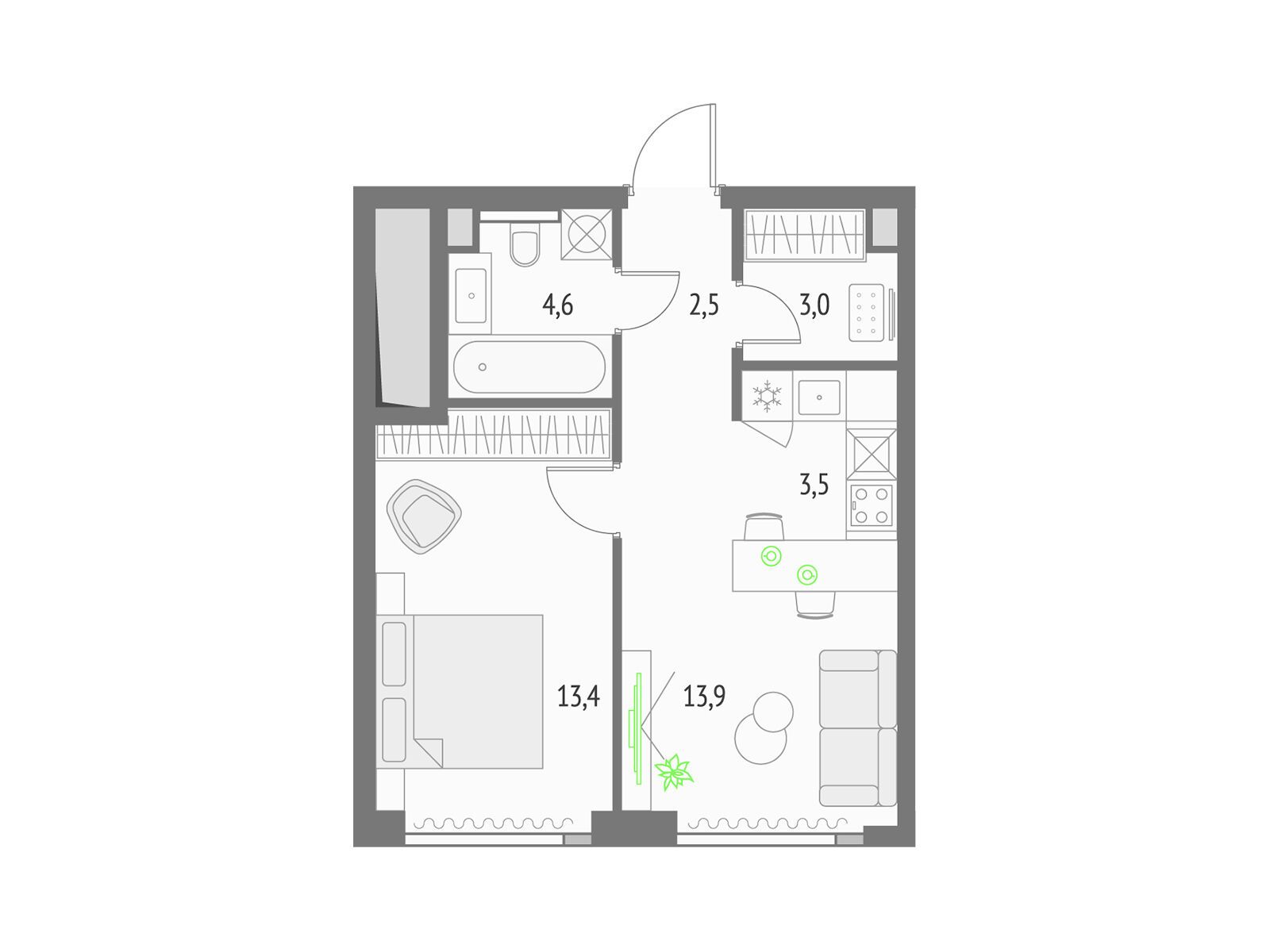 Планировка: 1-комн. квартира 42.40 м² в новостройке Апсайд Тауерс