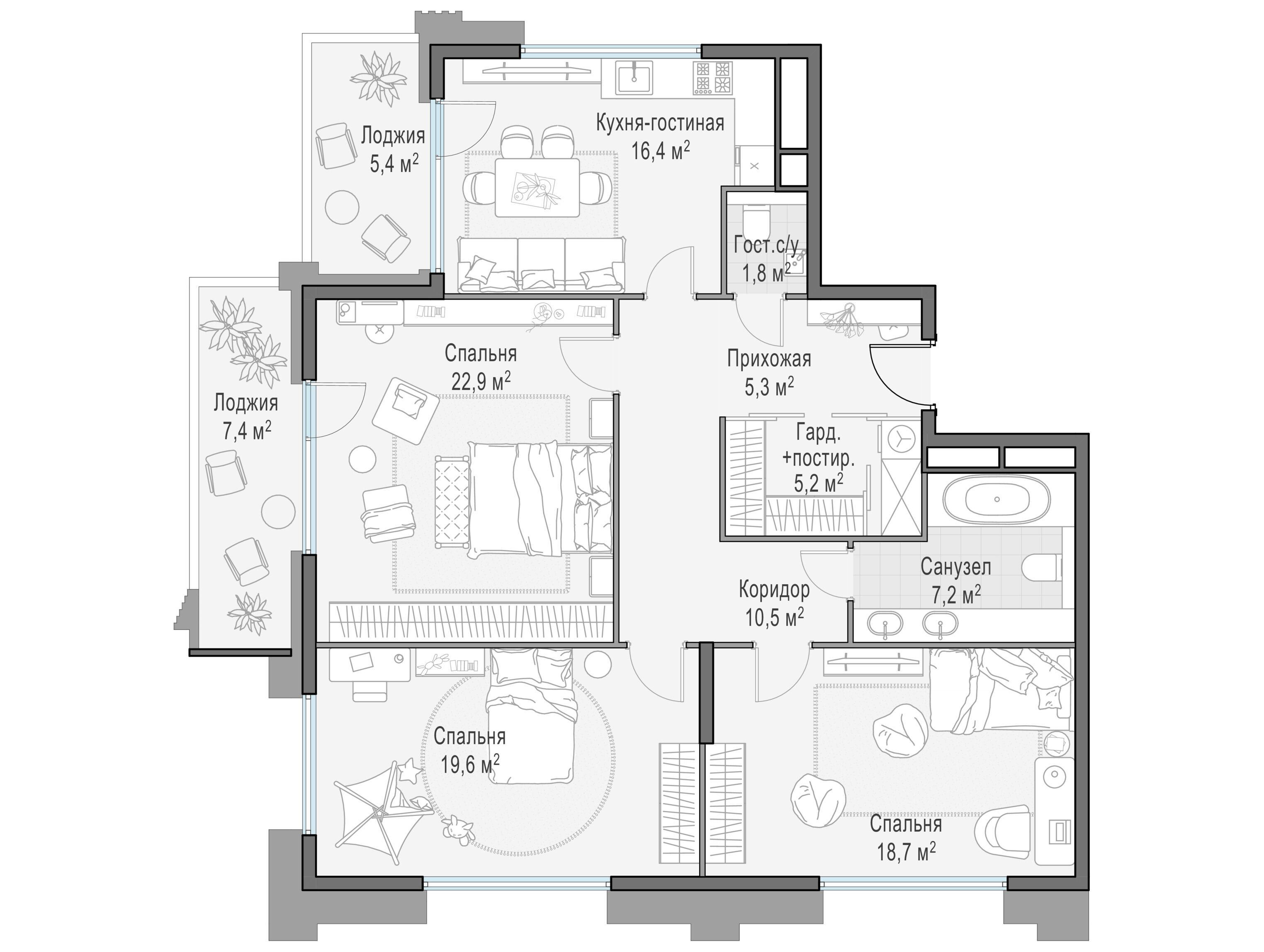 Планировка: 3-комн. квартира 114.00 м² в новостройке РиверСкай
