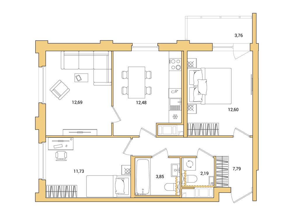 Планировка: 3-комн. квартира 65.21 м² в новостройке Окла