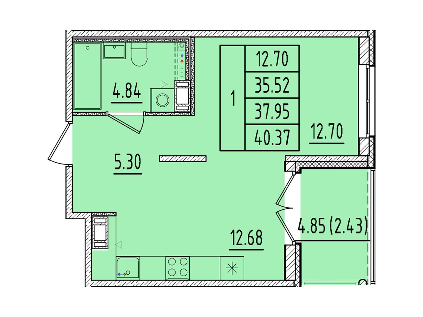Планировка: 1-комн. квартира 35.52 м² в новостройке Образцовый квартал 17