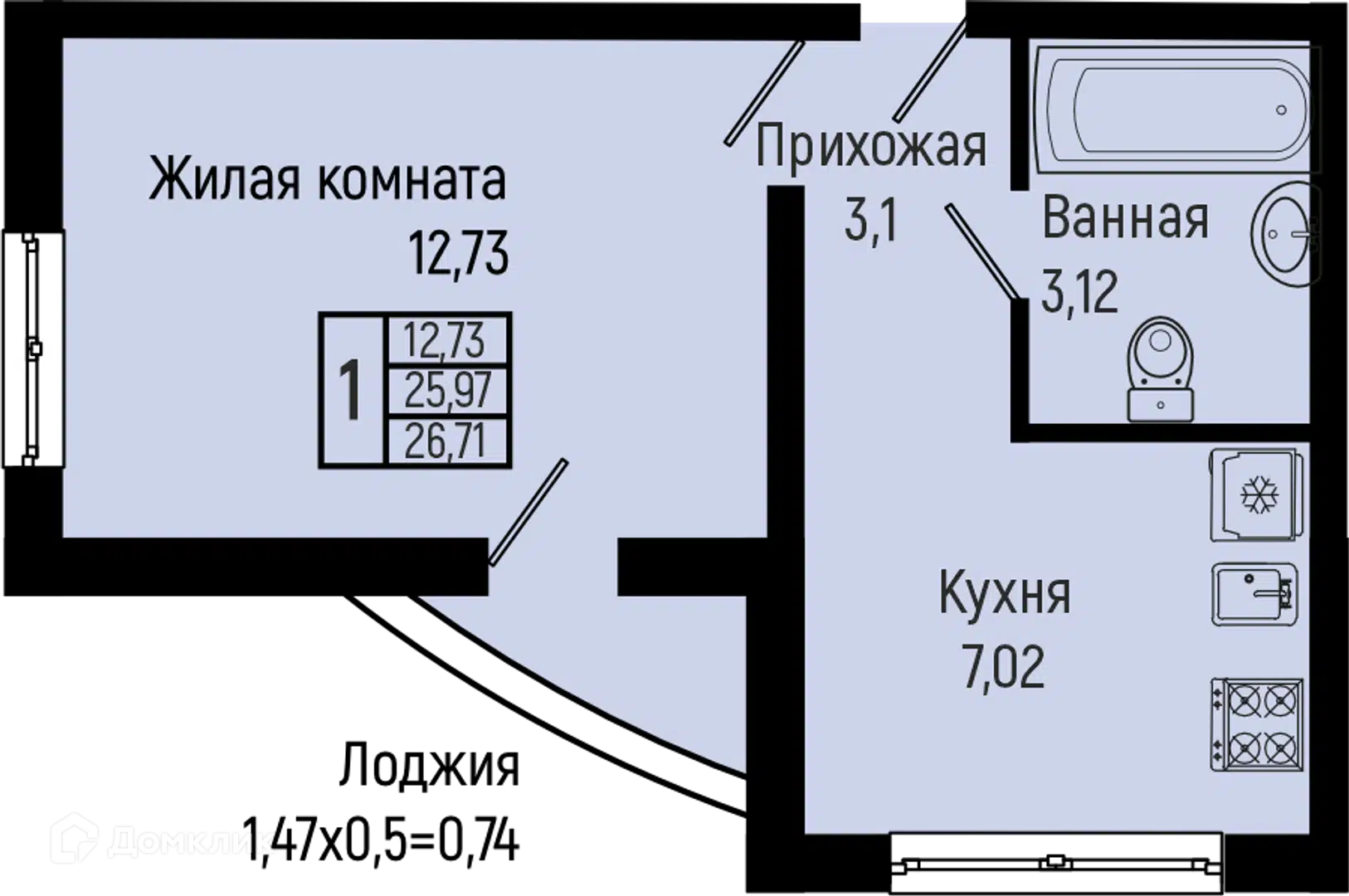 Планировка: 1-комн. квартира 26.71 м² в новостройке Сан Хиллс Ольгинка 2