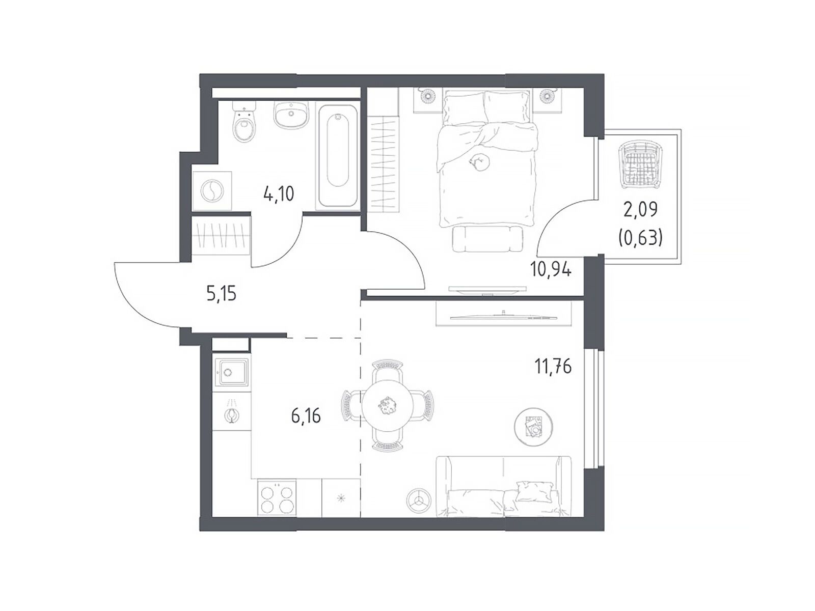Планировка: 1-комн. квартира 38.74 м² в новостройке Горки Парк