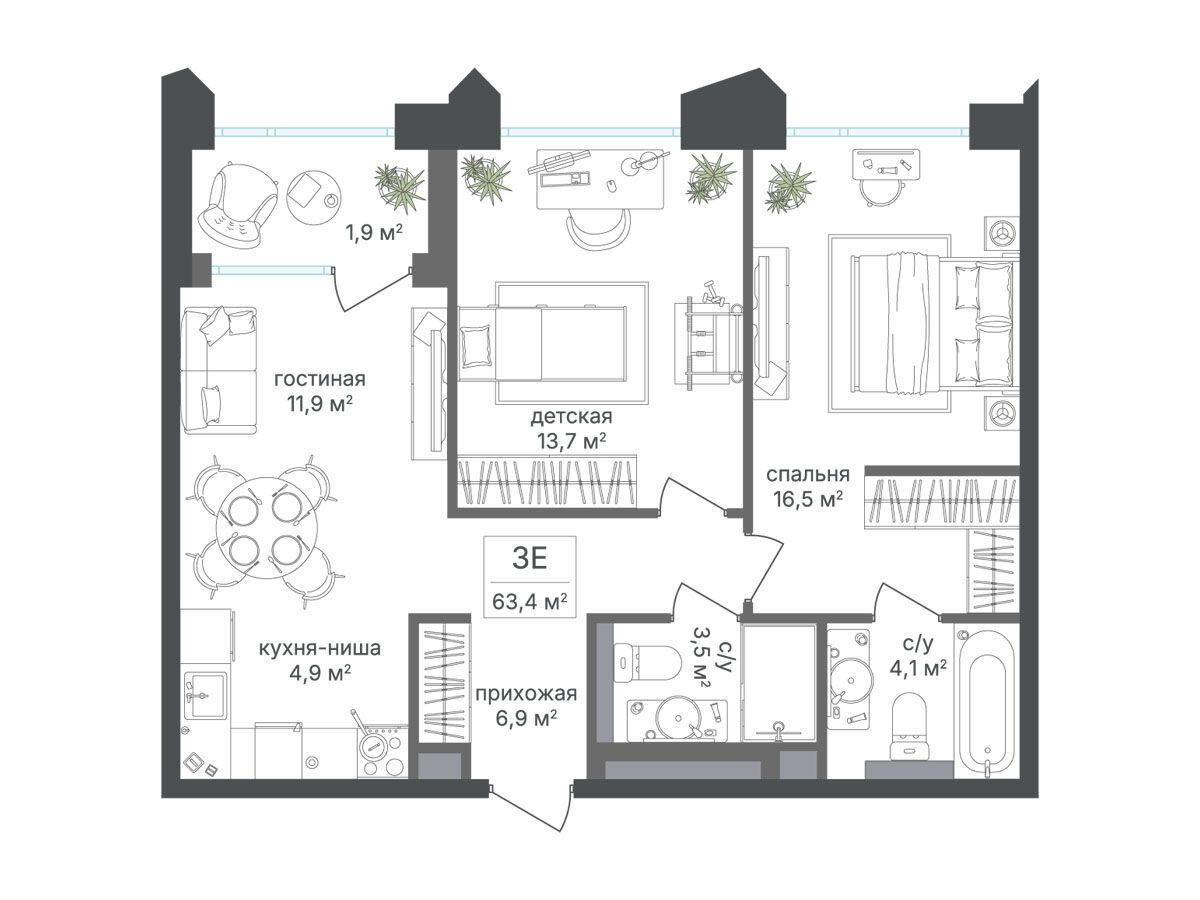 Планировка: 2-комн. квартира 63.40 м² в новостройке Петровский парк II