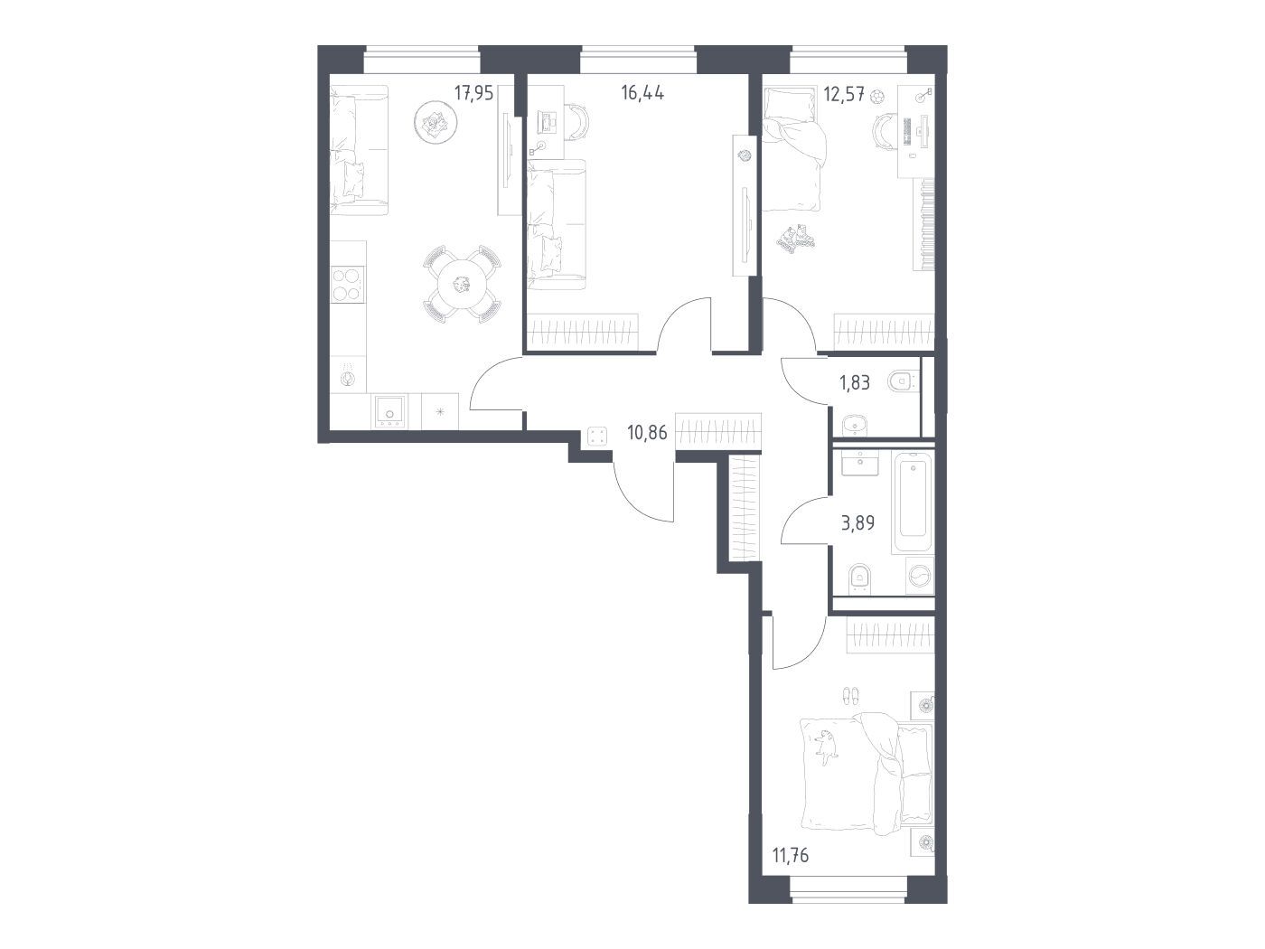 Планировка: 3-комн. квартира 75.30 м² в новостройке Квартал Домашний
