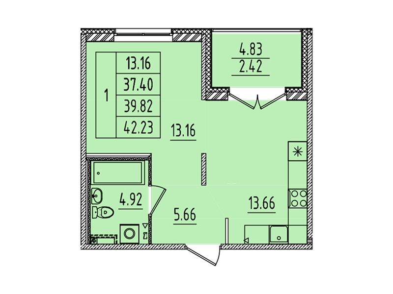 Планировка: 1-комн. квартира 37.40 м² в новостройке Образцовый квартал 14