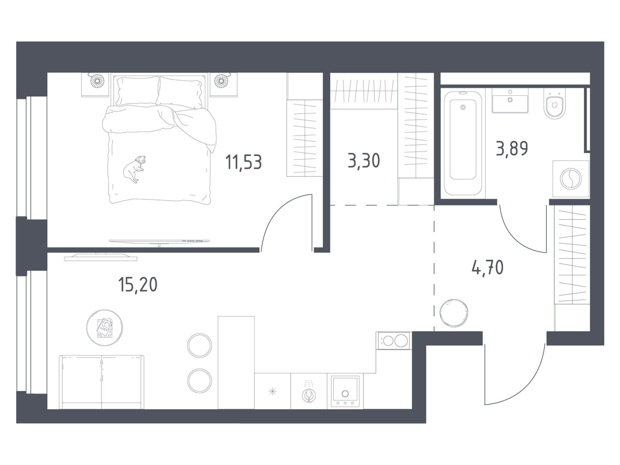 Планировка: 1-комн. квартира 38.62 м² в новостройке Литературный Квартал