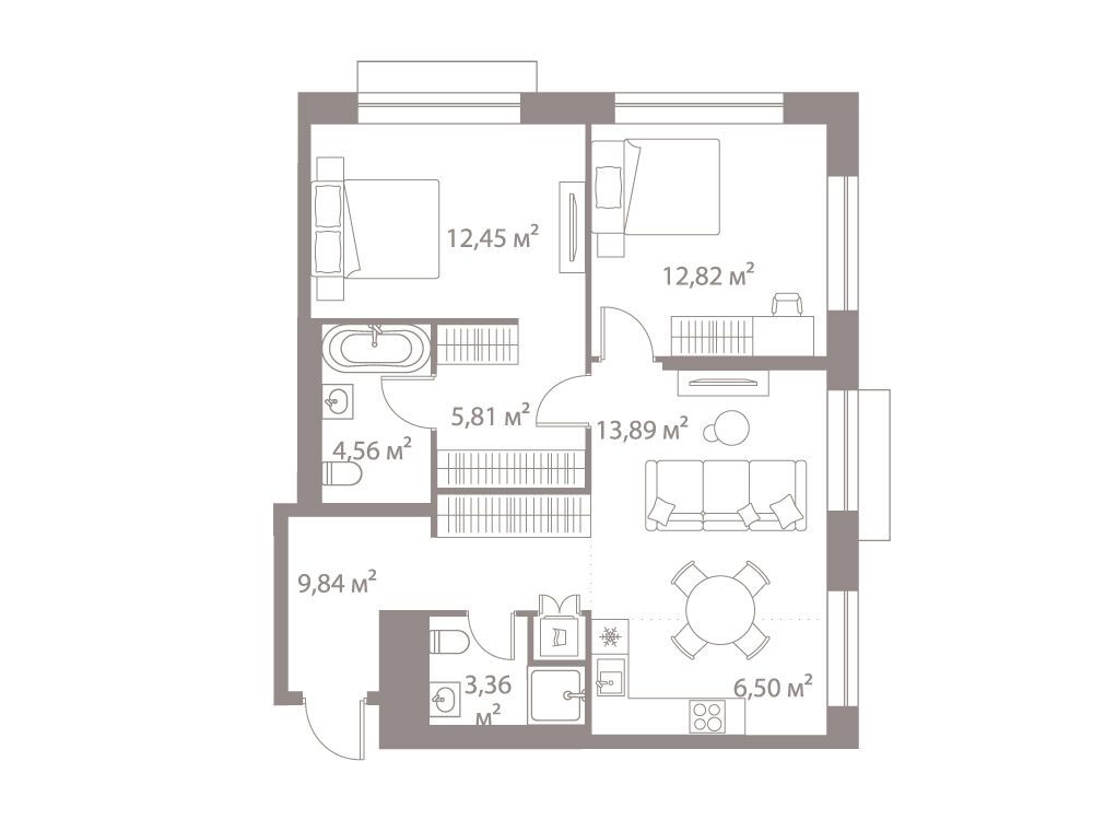 Планировка: 2-комн. квартира 69.60 м² в новостройке Лайф Варшавская
