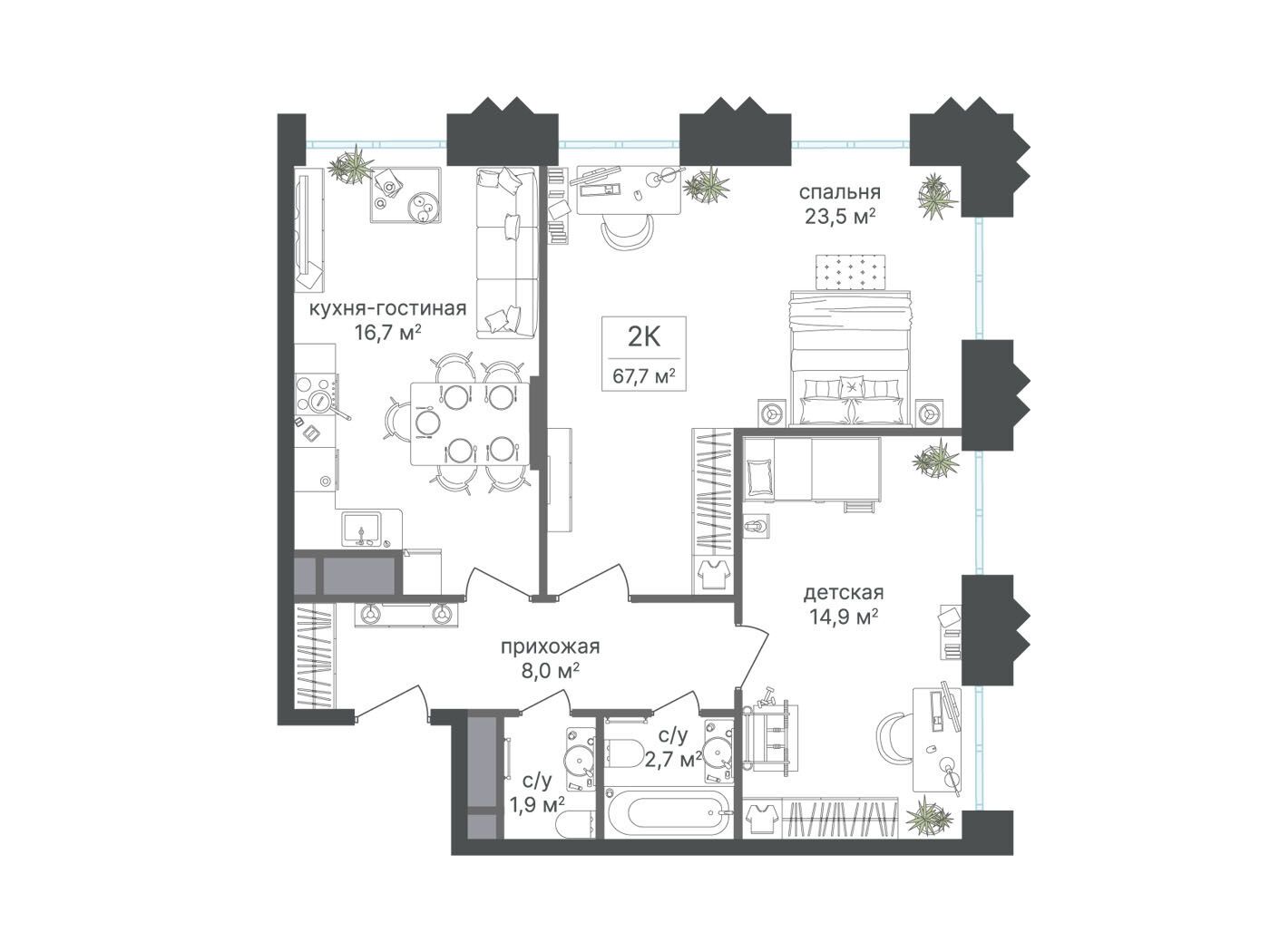 Планировка: 2-комн. квартира 67.70 м² в новостройке ЖК Варшавские ворота