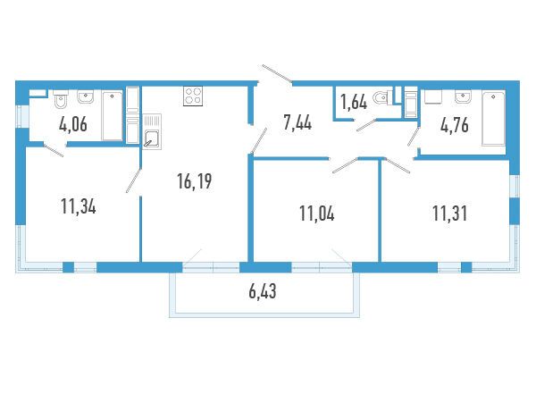 Планировка: 3-комн. квартира 69.71 м² в новостройке Аэросити