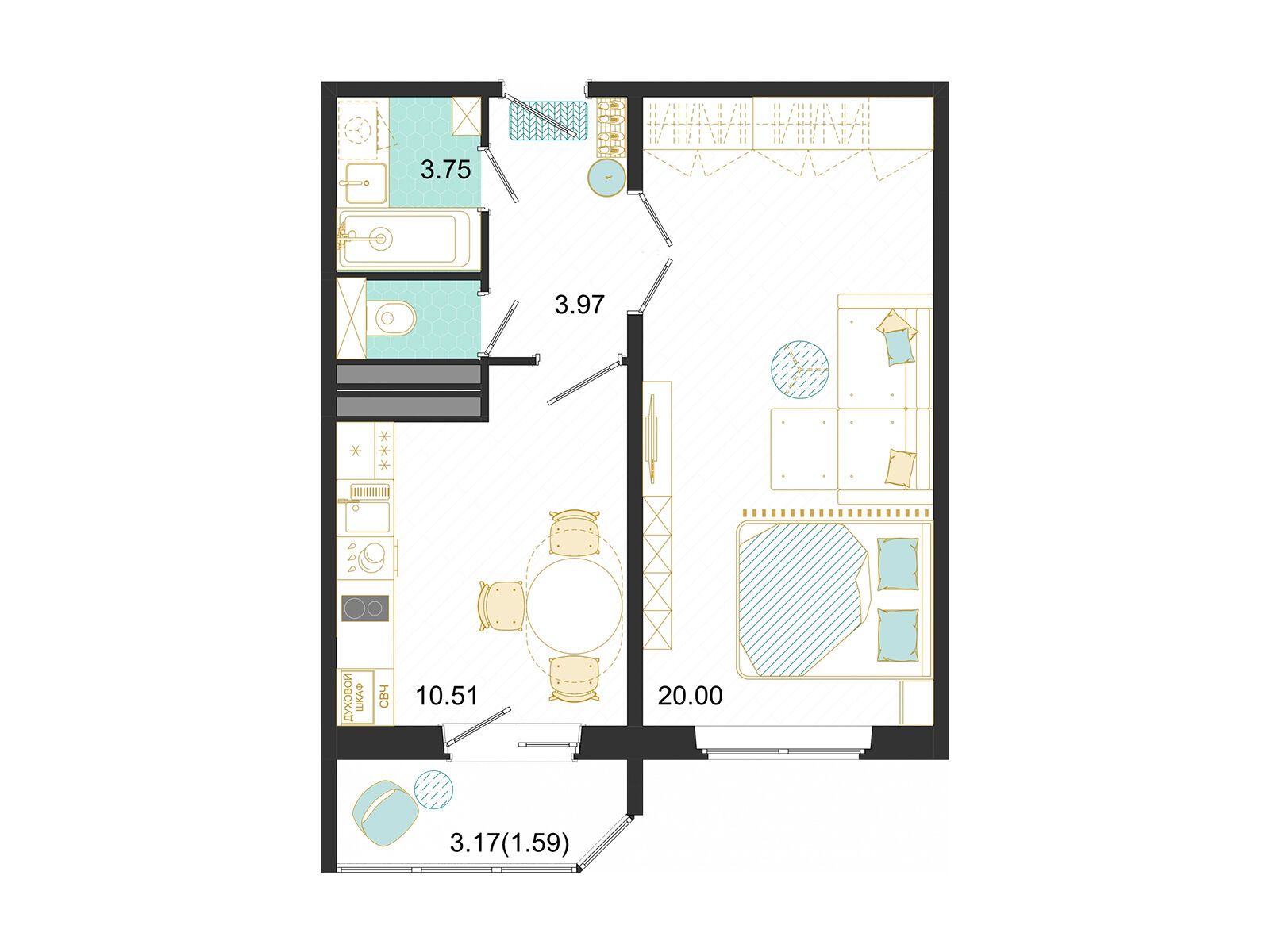 Планировка: 1-комн. квартира 39.82 м² в новостройке Оптима на Текстильщиков