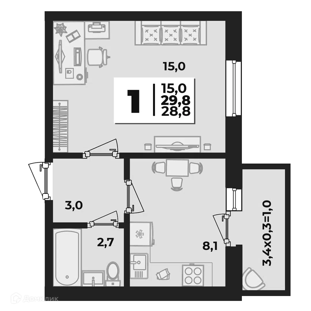 Планировка: 1-комн. квартира 29.80 м² в новостройке Дарград
