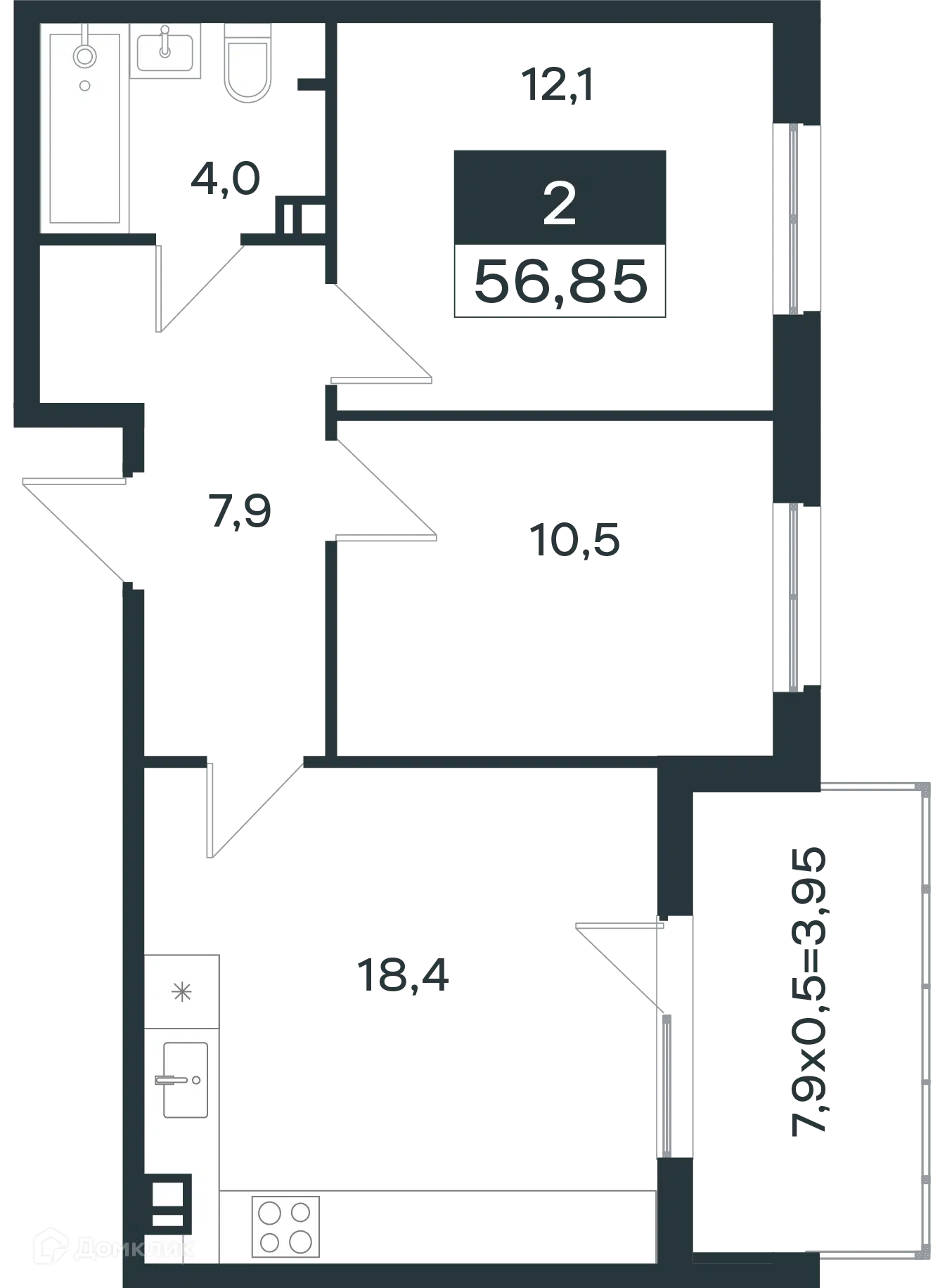Планировка: 2-комн. квартира 57.15 м² в новостройке Новая Елизаветка