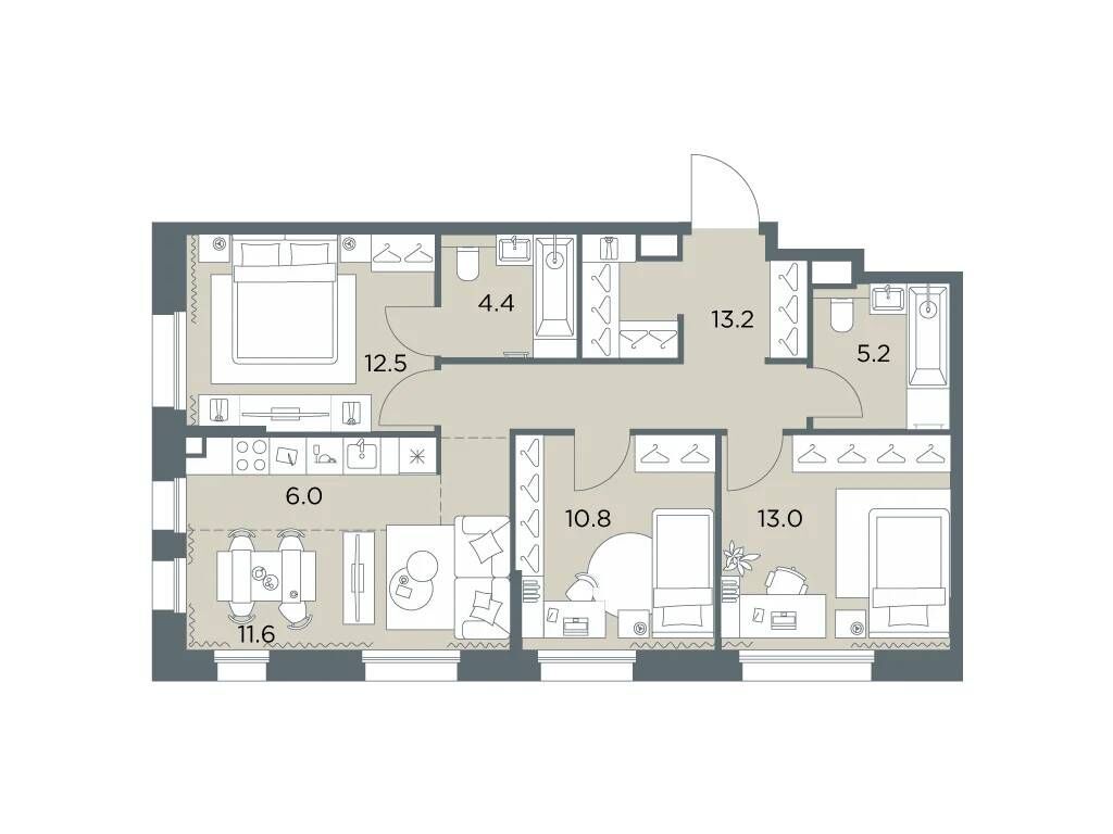 Планировка: 4-комн. квартира 76.70 м² в новостройке Станиславский