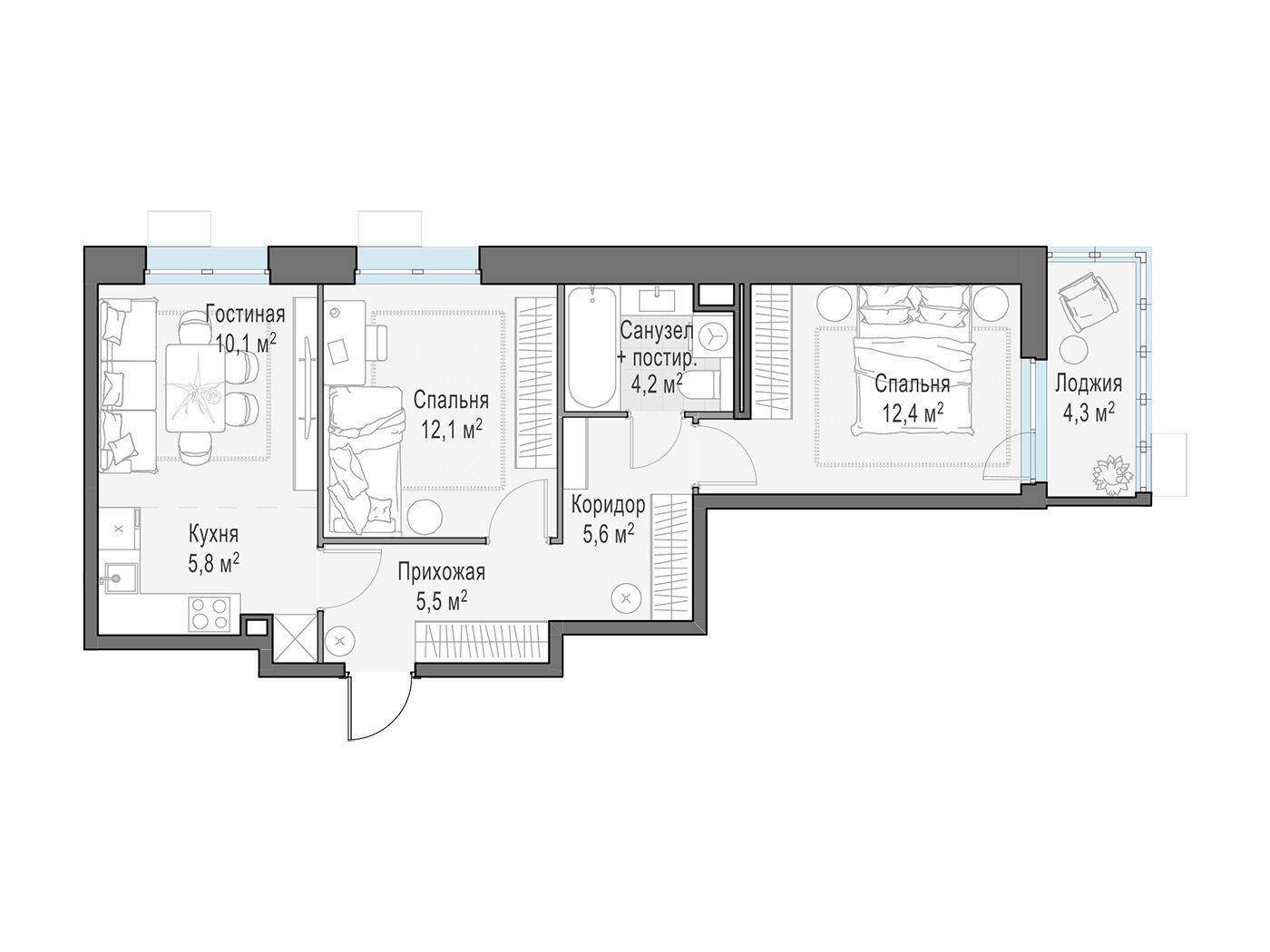 Планировка: 2-комн. квартира 55.40 м² в новостройке ЖК Новое Пушкино
