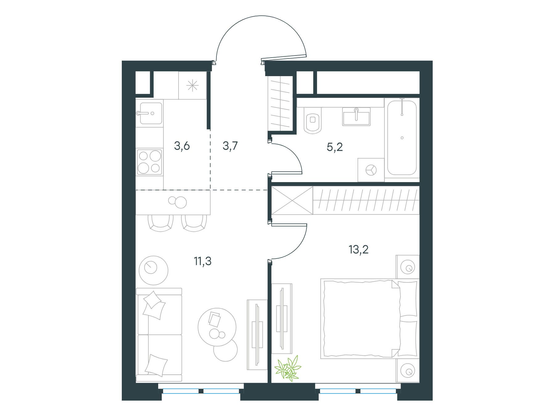 Планировка: 2-комн. квартира 37.00 м² в новостройке Левел Нижегородская