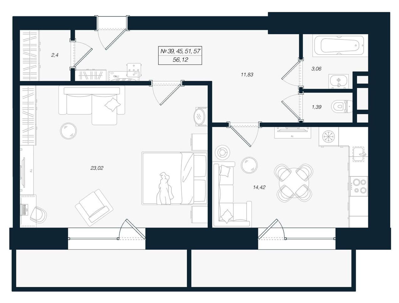 Планировка: 2-комн. квартира 59.26 м² в новостройке Феникс Рощино