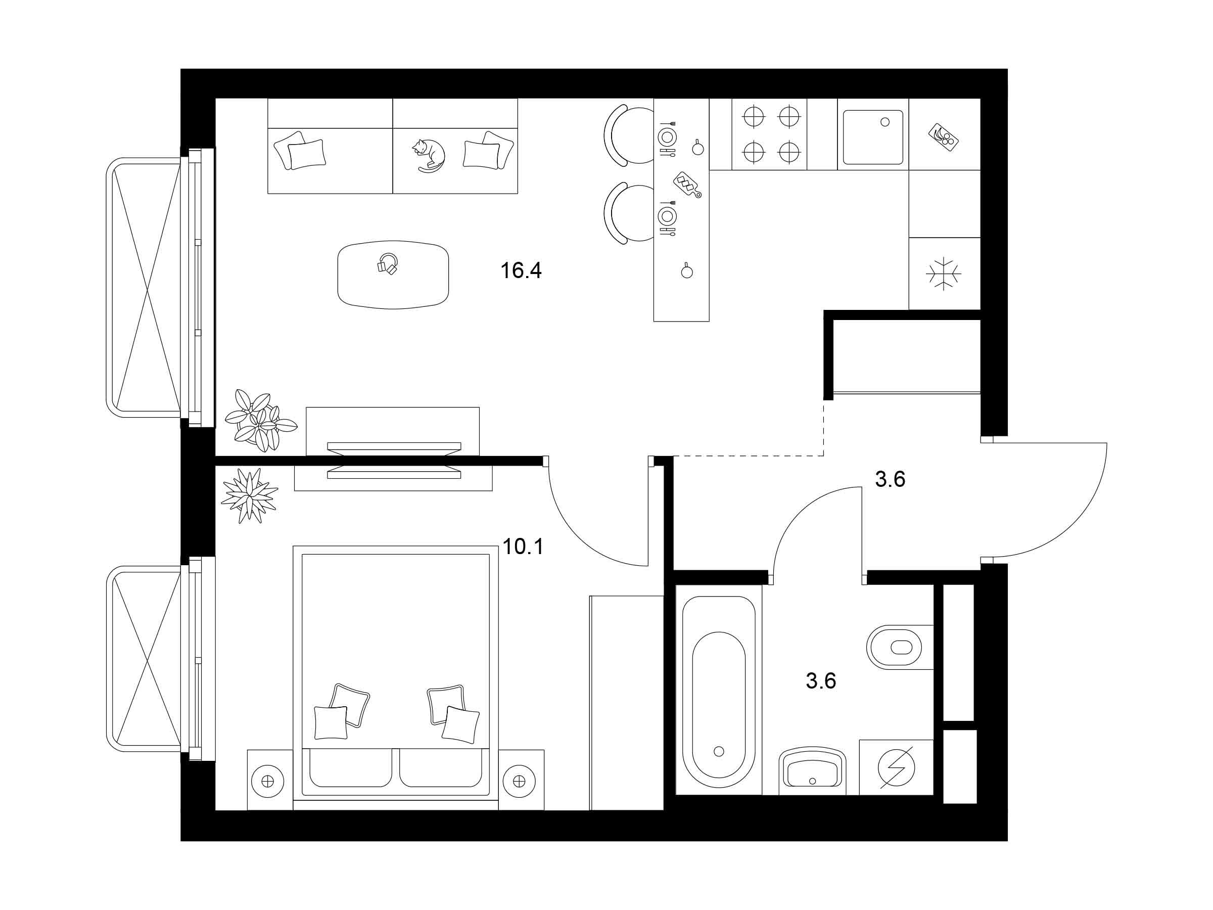 Планировка: 1-комн. квартира 33.70 м² в новостройке 2-й Иртышский