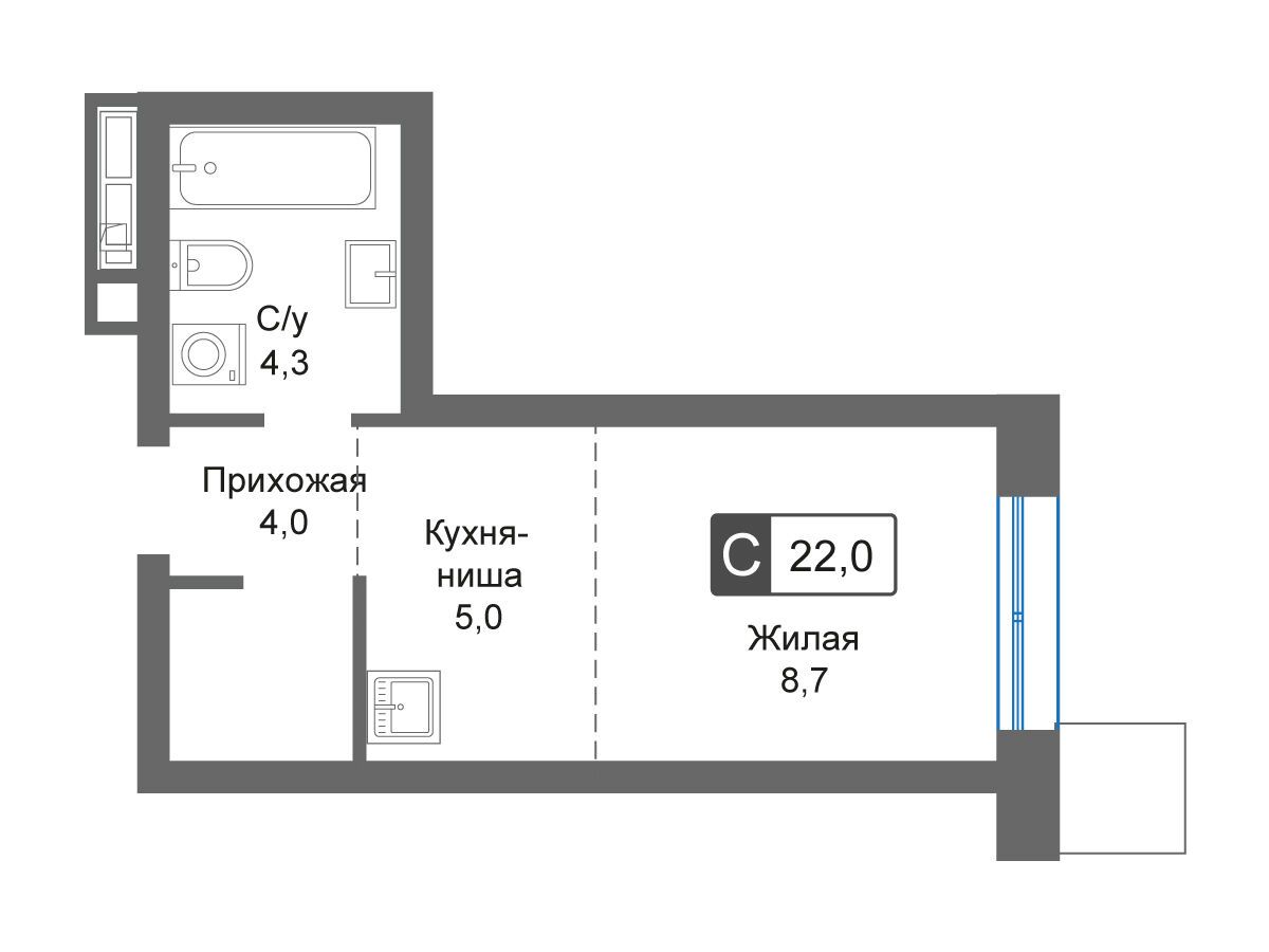 Планировка: Студия 22.10 м² в новостройке Отрада