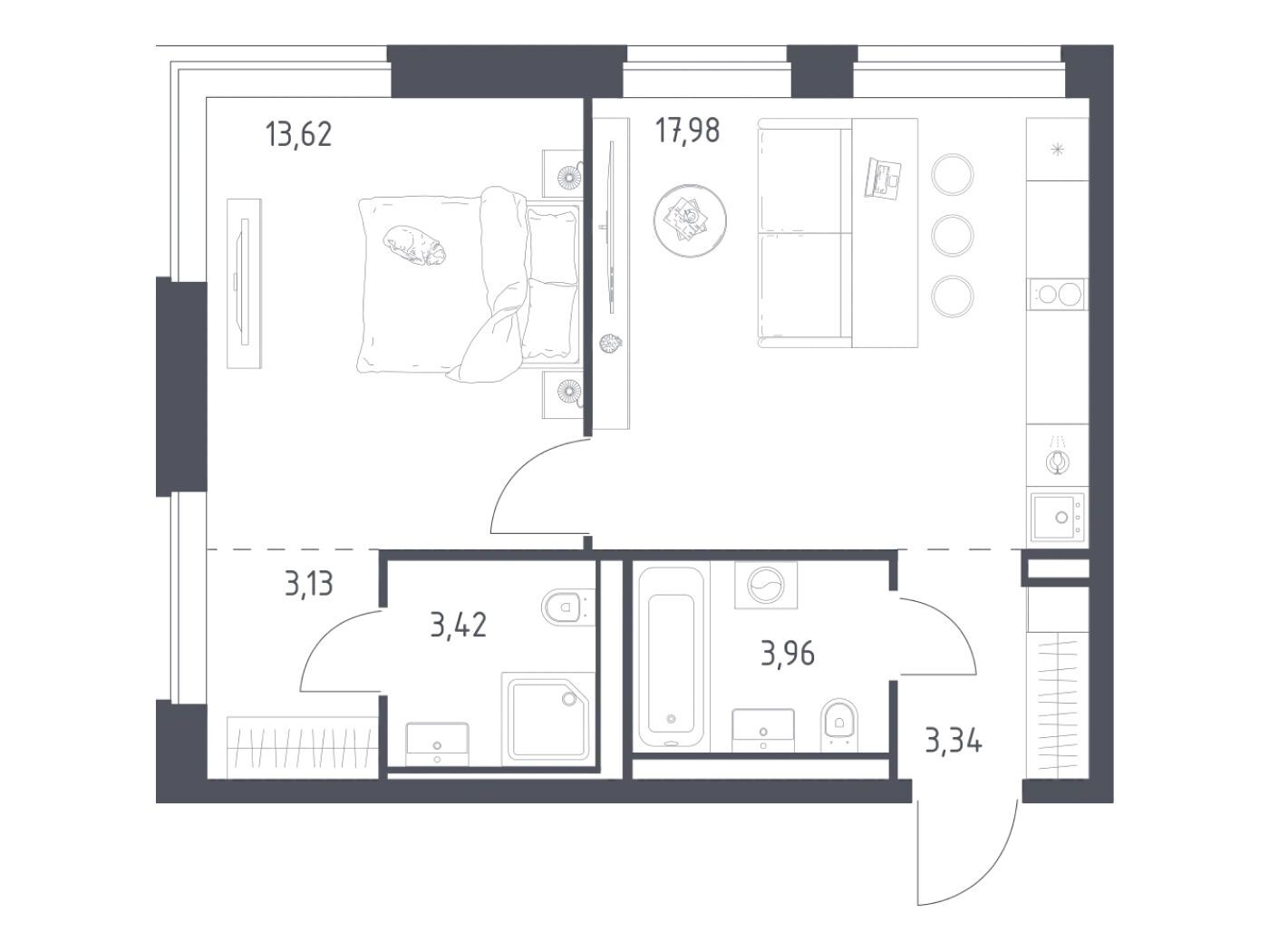 Планировка: 1-комн. квартира 45.45 м² в новостройке Литературный Квартал