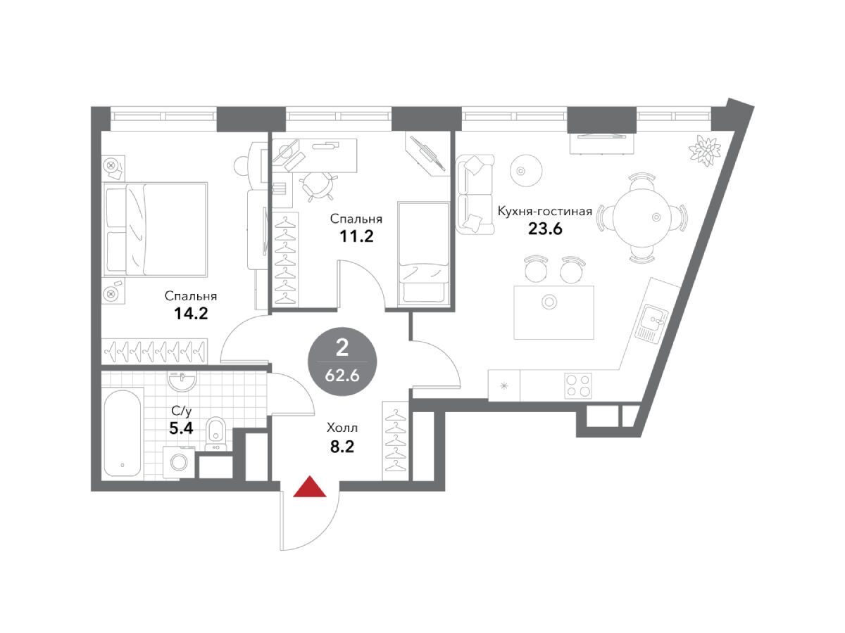 Планировка: 2-комн. квартира 62.30 м² в новостройке Воксхолл