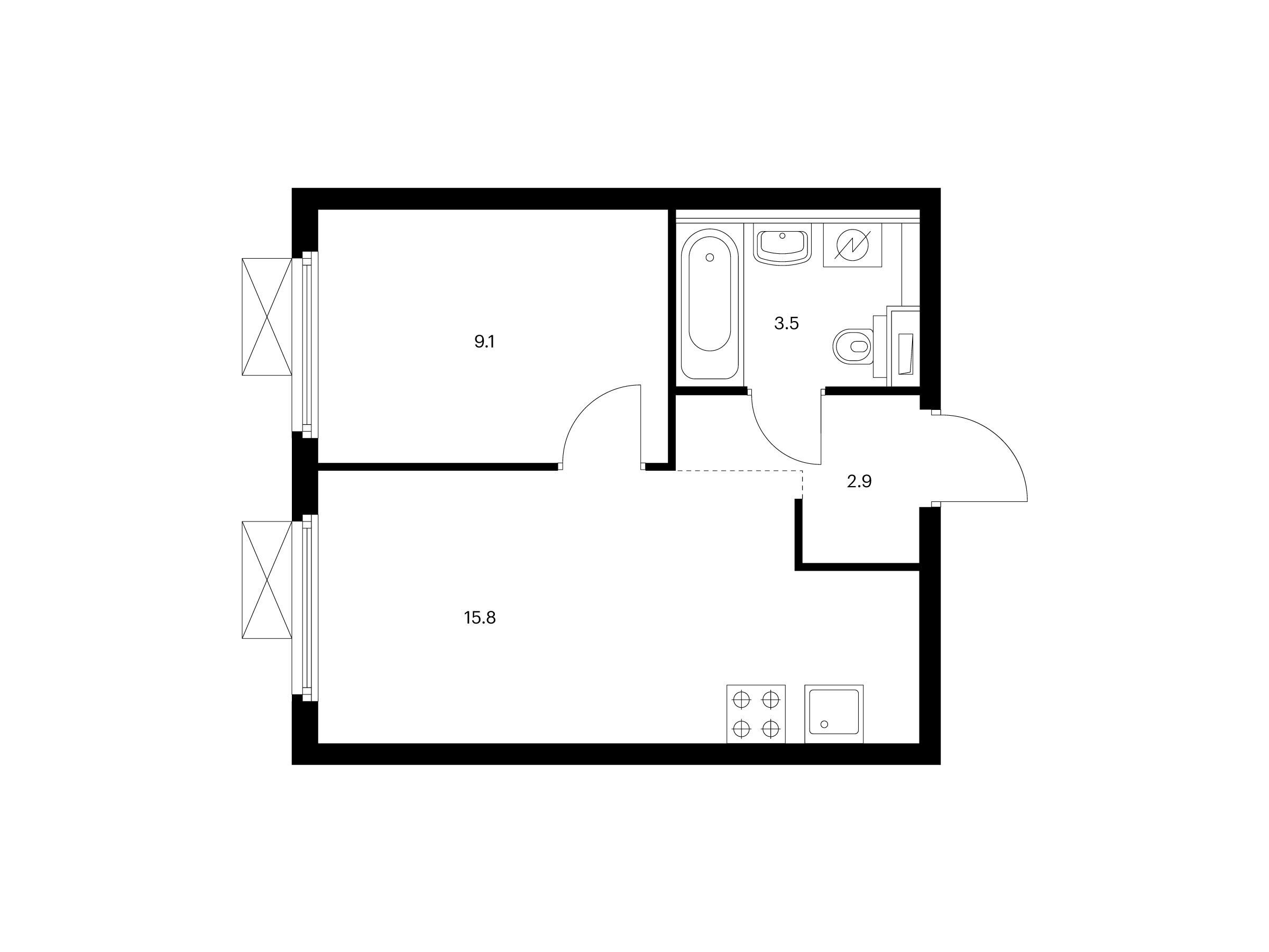 Планировка: 1-комн. квартира 31.30 м² в новостройке Первый Дубровский