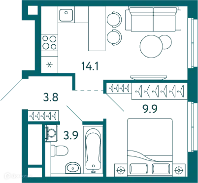 Планировка: 1-комн. квартира 31.70 м² в новостройке Садовые кварталы