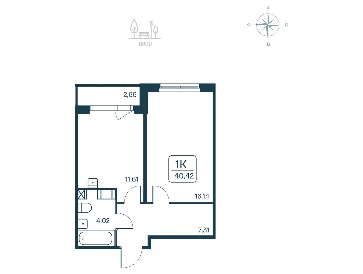 Планировка: 1-комн. квартира 40.42 м² в новостройке Расцветай в Янино