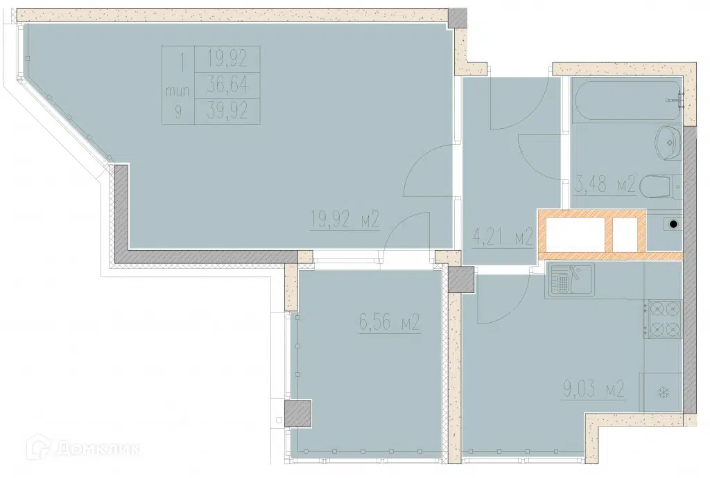 Планировка: 1-комн. квартира 39.92 м² в новостройке Агой-парк