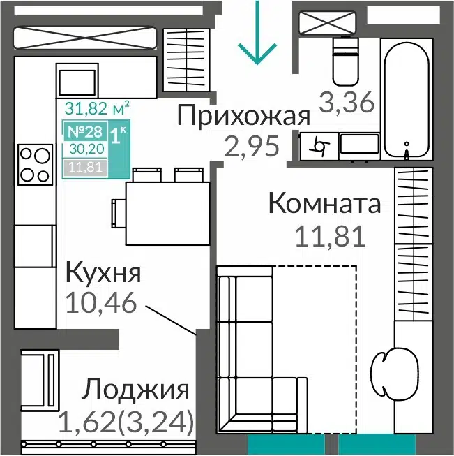 Планировка: 1-комн. квартира 30.20 м² в новостройке ЖК Горизонты-3