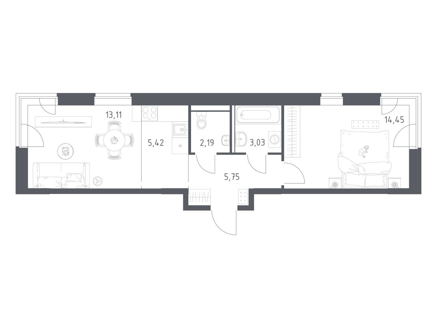 Планировка: 1-комн. квартира 43.95 м² в новостройке Квартал Западный