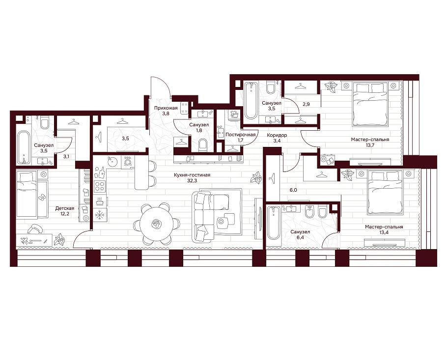 Планировка: 3-комн. квартира 115.10 м² в новостройке Дом 7 Даниловский
